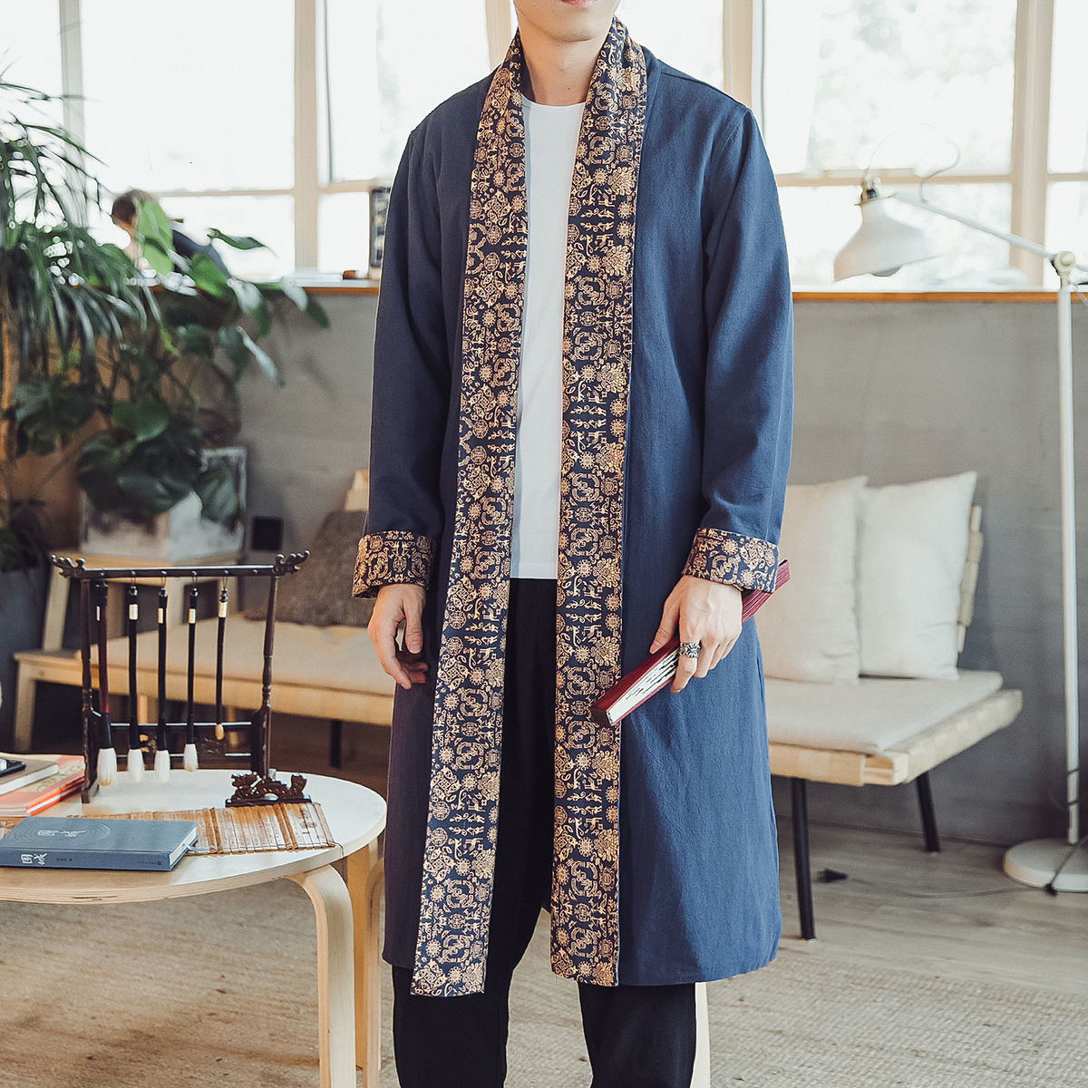

New Men's Casual Printed Long Coat Thickened Warm Windbreaker 2021 Chinese Style Jackets Male Clothing Vintage Dkem, Navyblue
