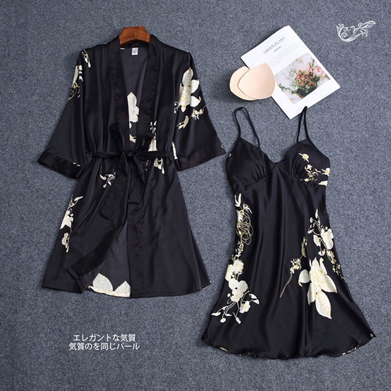 

2021 New Summer Silk Short Bathrobe Set for Fine Female Printing... Woman's Sleepwear Sweater with Ladies'night Bands. 6cnb, White