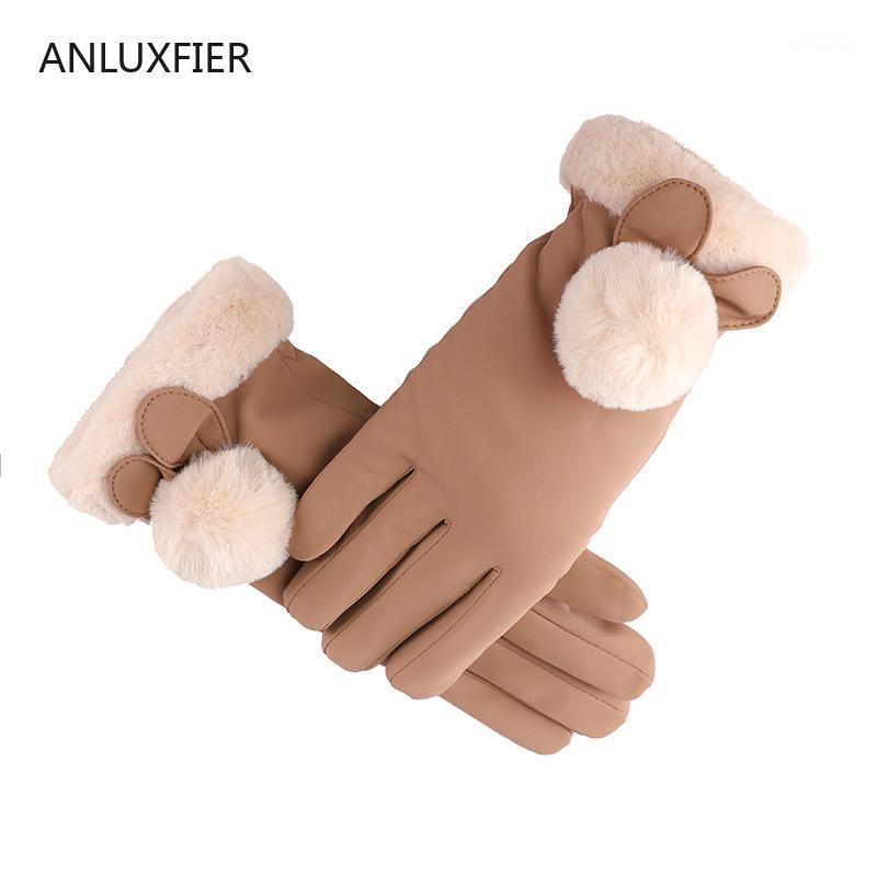 

H9909 Women Gloves Winter Touch Screen Riding Cute Fur Ball Mittens Thermal Thick Windproof Waterproof Lovely Female Hand Muff1