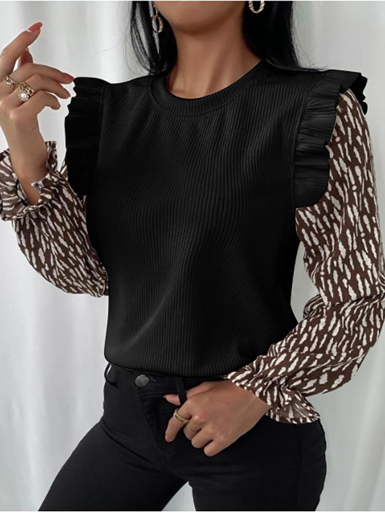 

Blouse Shirt New Style Spring And Autumn Long-Sleeved O-Neck Ruffled Splicing Women' Bottoming Shirt, Style1