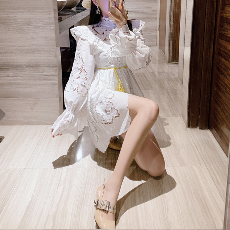 

2021 New Woman White Single-breasted Vintage Elegant Dresses Irregular Female Track Design Hollow Women's Clothing Ladies'clothing Eqpd