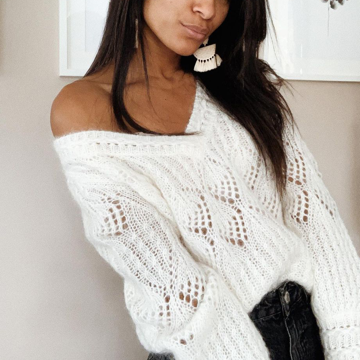 

Elegant chic woman' o ver autumn long neck mohair wool warm vintage jumper pull 2020, Ivory.