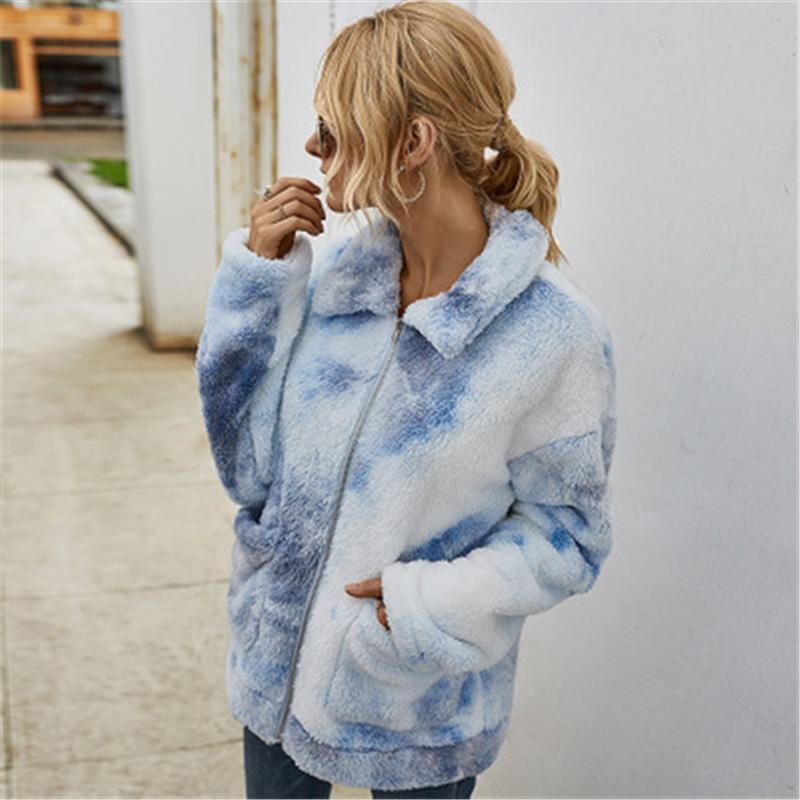 

Ladies Tie-dye Furry Coat Fashion Trend Long Sleeve All-match Zipper Women Outerwear Designer Female Winter New Casual Thicken Warm Coats