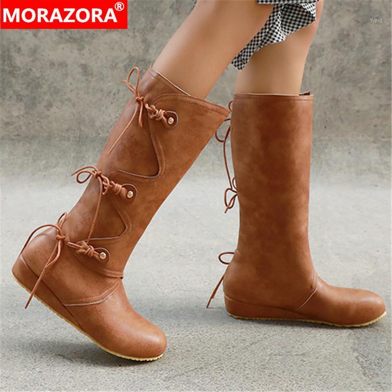 

MORAZORA 2020 new arrival women knee high boots lace up round toe autumn winter Western boots simple fashion flat shoes female1, Black