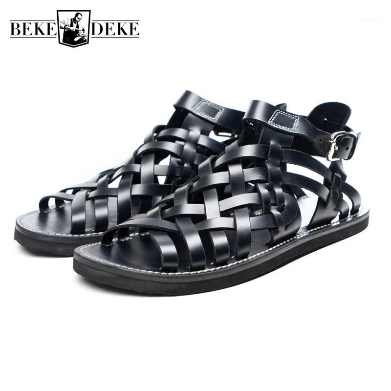 

Luxury Men Summer Cowhide Genuine Leather Sandals Italian Handmade Weave Open Toe Gladiator Sandals New Male Vintage Flats Shoes1, Black