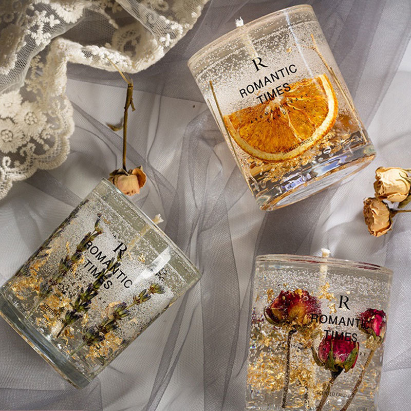 

Flower Fruit Essential Oil Scented Candle Transparent Gold Foil Wedding Decoration Candle Smokeless Aromatherapy Home Candles LJ201018