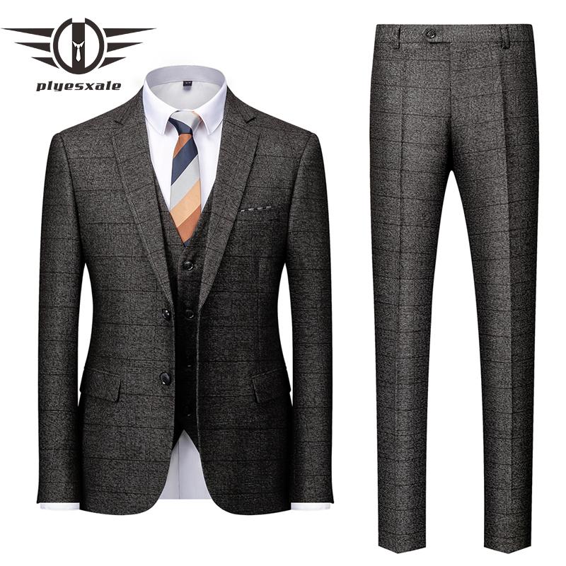 

Brand Gray Plaid Suit For Men 2021 New Slim Fit Three Piece Wedding Dress Formal Suits Fashion Business Casual Suit Man Q1254