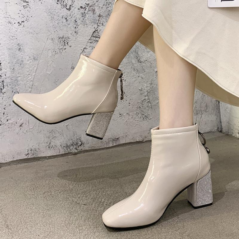 

Lucyever Fashion Square Toe Crystal High Heels Ankle Boots for Women Black Beige Patent Leather Botines Mujer Autumn Boots Woman