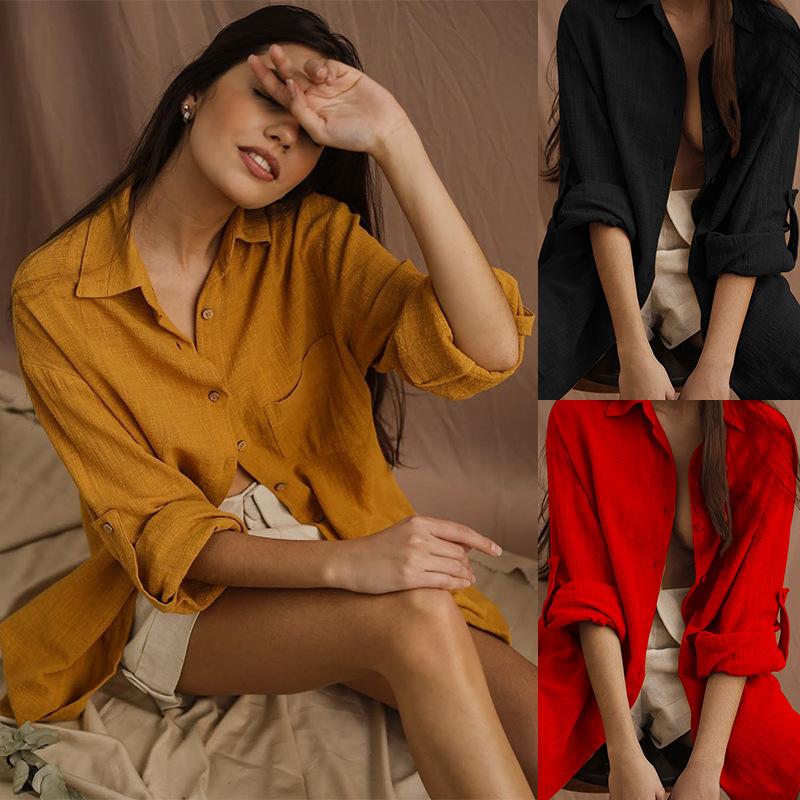 

Casaul Autumn Solid Cotton Linen Loose Blouse Shirt Loose Long Sleeve Button Red Office Blouses Shirts Long Korean Blusas Tops, Black