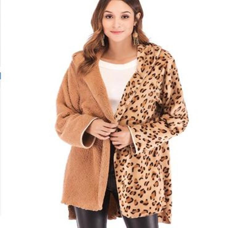 

Fashion New Women' Winter Double-faced fluff Stitching Leopard Hooded Long-sleeved Jacket, Photo color