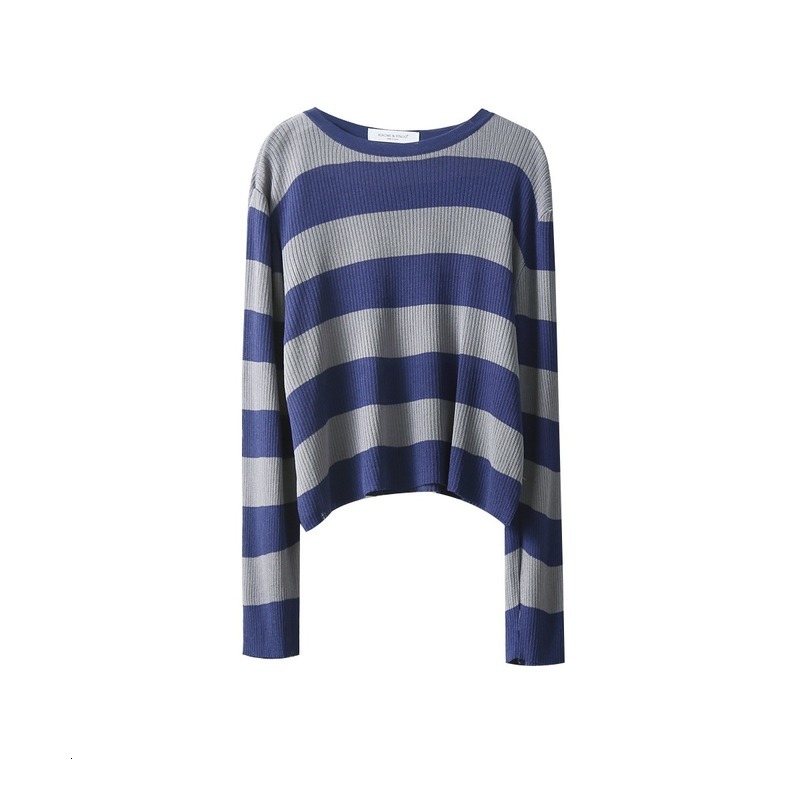 

New Women's round with rough stripes spring and fresh casual fall simple around the thin neck sweater S65W, Blue