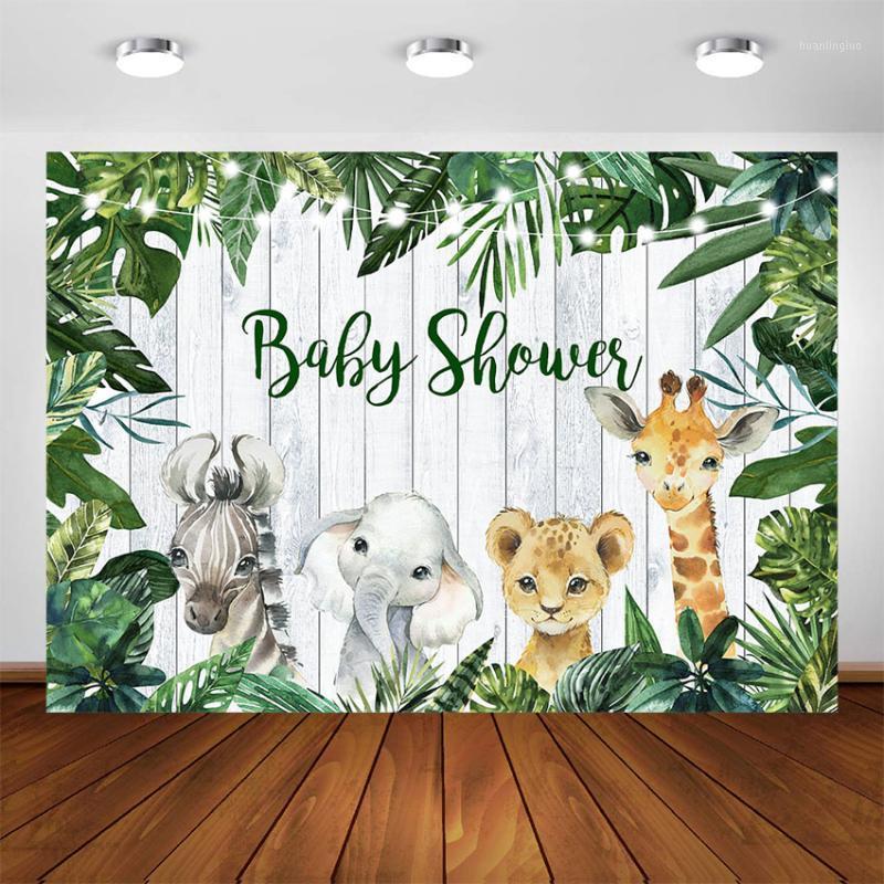 

Green Leaves Safari Jungle Animals Baby Shower Birthday Wild One Party Decorations Photography Backdrops Customize Background1