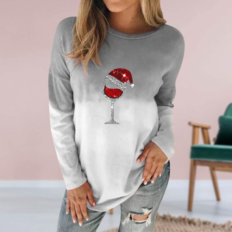 

Christmas Hat Glass Print Tshirt Women Gradient O-neck Christmas Long Sleeves Tops Femme T-shirts Oversized T Shirt Harajuku Top, Blue