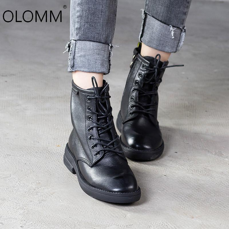 

Leather Women's Boots 2021 Autumn And Winter Lace First Layer Flat Bottom Women, Black