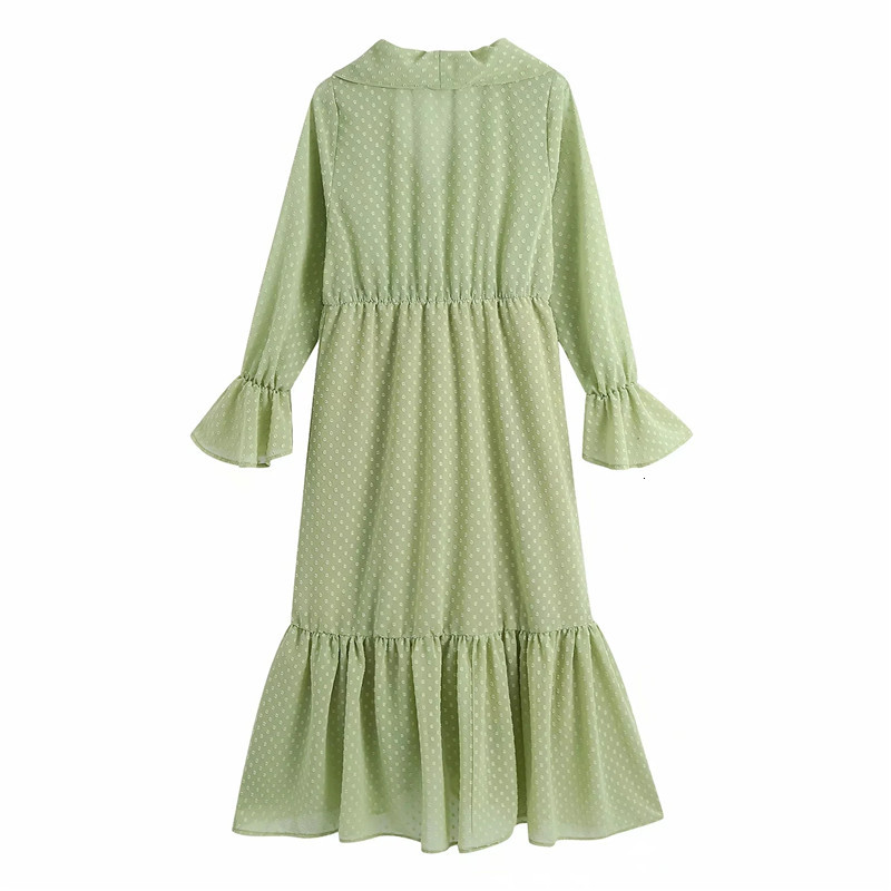

New 2021 Green Ruffle Chiffon Dress Women Fashion Dot Fairy Long Sleeve Midi Woman Loose Casual Dresses 1j1c