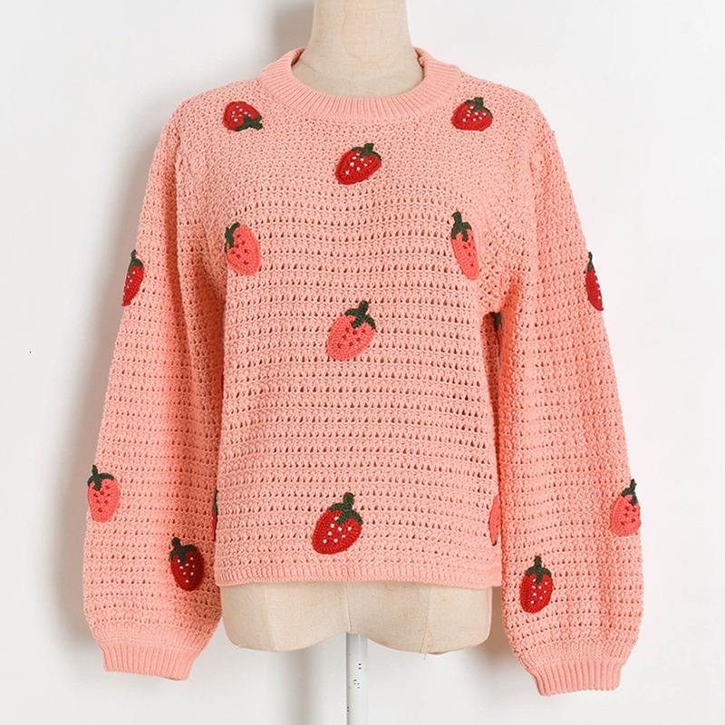 

Mode Female Crochet Sweaters Sweet Embroidered From Cartoons Strawberry Pullovers Autumn Lady Flashlight Chic Hollow Sleeves Out Tops 5mut, Pink.