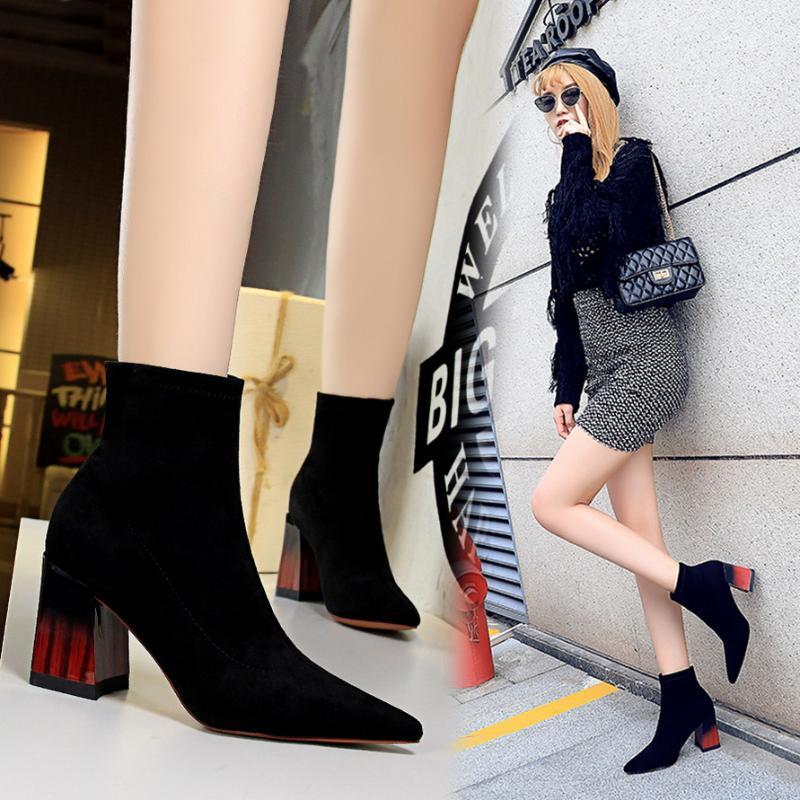 

Fashion color matching wood grain with thick with women's boots high heel suede pointed sexy nightclub slim boots 1718-21, Without velvet