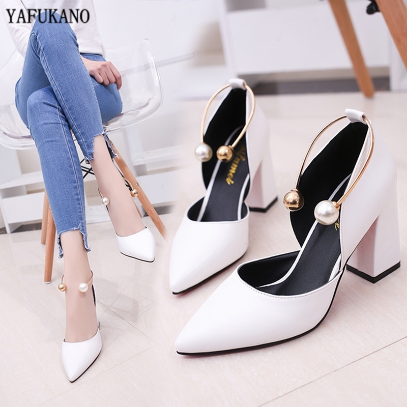 

Women Pumps Elegant Pearl High Heels New White Thick With Single Shoes Middle Hollow Fashion Simple Woman Work Shoes Y200323, Black