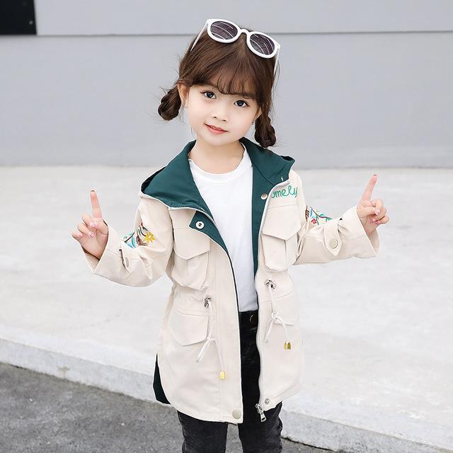 

Baby Girl Coat 2020 New Style Girls Solid Long Style Kids Cotton Casual Zipper Design Jackets Coats Embroidery Design Windbreaker Hooded, Beige