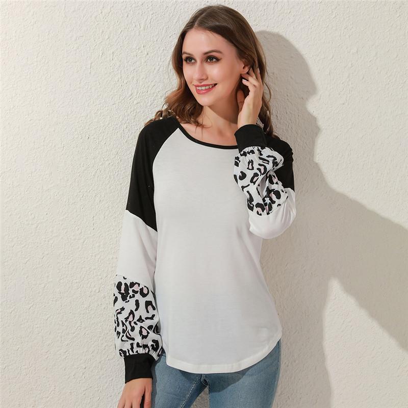 

Autumn Tee Ladies Round Neck T-Shirt Thin Pullovers Long Sleeve Patchwork Color Printed Ladiess Leisure Chic Sweatshirts, White
