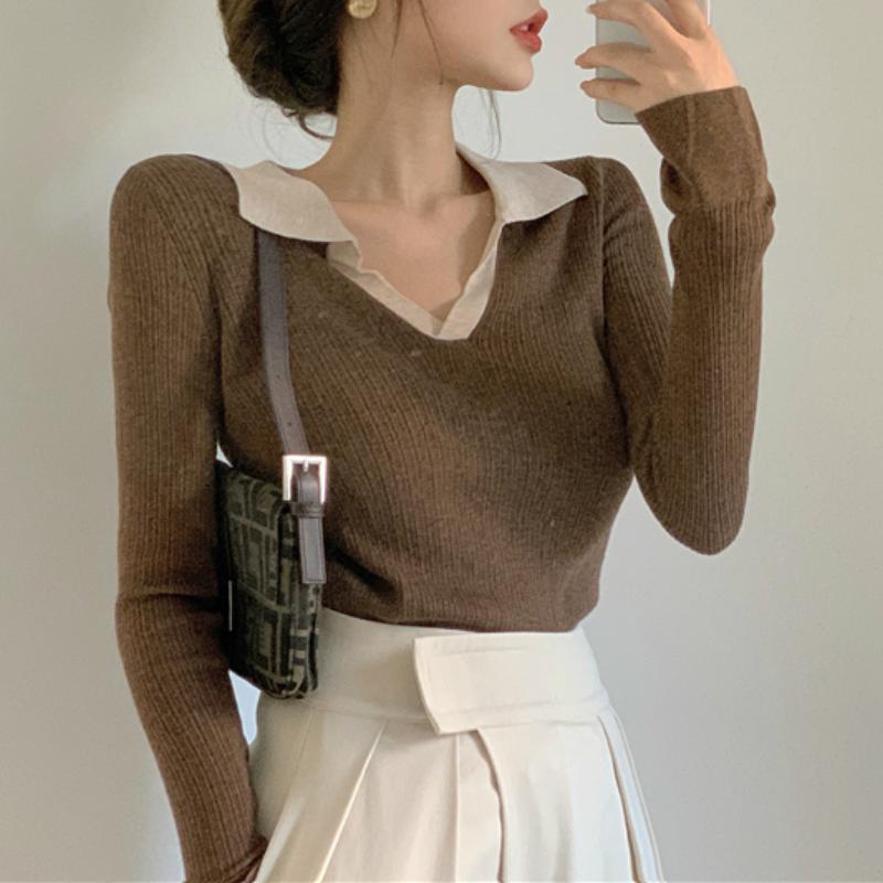 

Knit sweater women's autumn and winter black lapel long-sleeved sweater lazy style top 2020 new foreign style inner base shirt