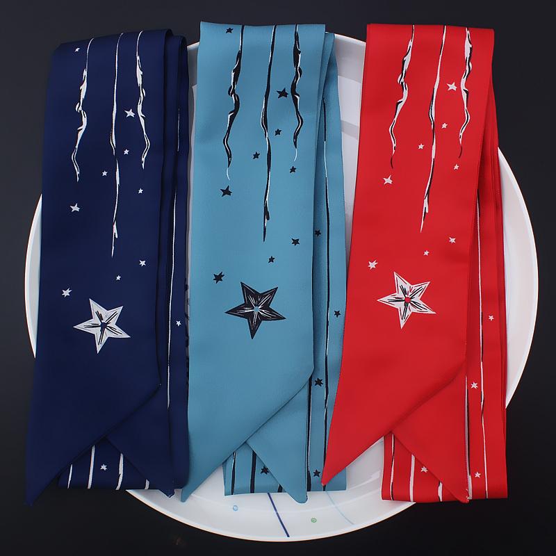 

Twill Silk 100cm*6cm Woman Small Scarf Five-pointed Star Curve Pentagram Printed Bag Female Skinny Scarf Wraps Tie