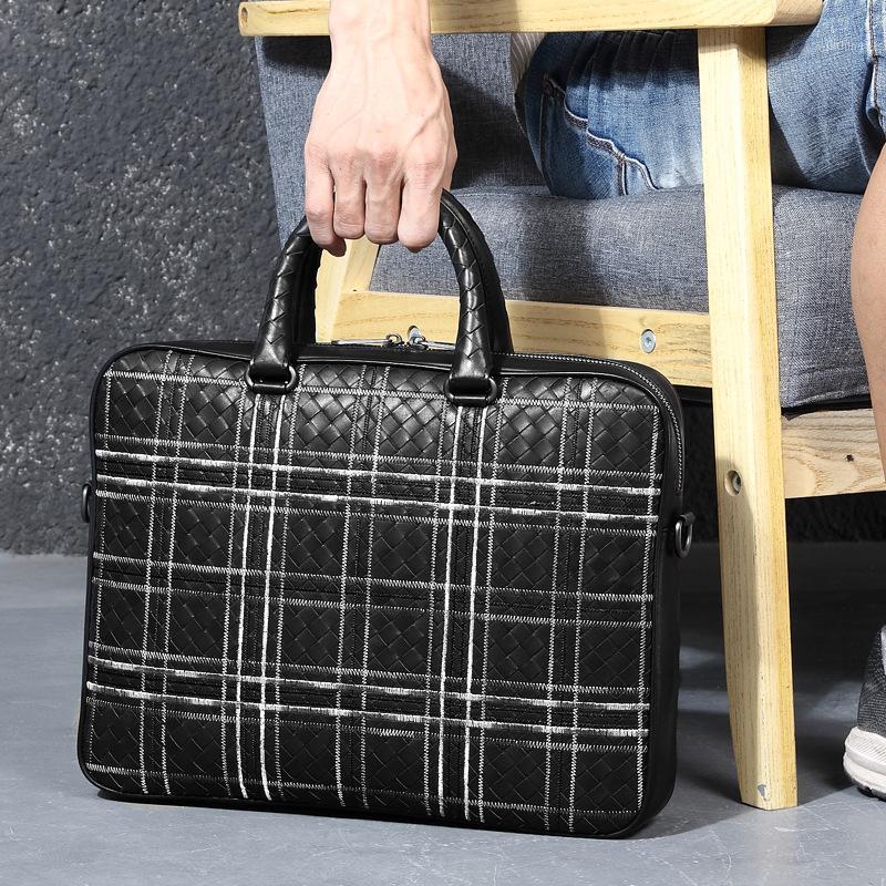 

Embroidery knitting Leather Men Business Bag Women Briefcase Handbag Business Women Totes 14 Inch Laptop Bag Shoulder Office1, Black