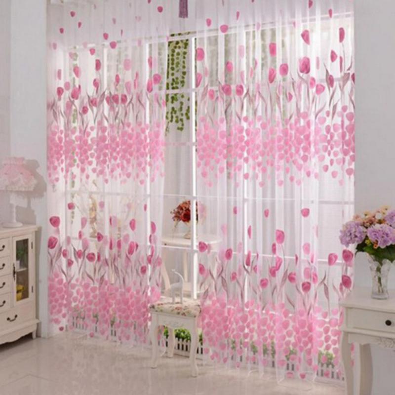 

200 x 100CM Tulip Printed Tulle Voile Door Window Curtain for living room Sheer Drape Panel, As picture