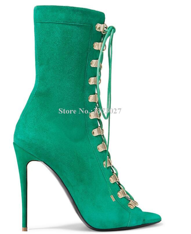 

New Green Suede Lace-up Short Boots Woman Sexy Open Toe Stiletto Heels Black Beige Brown Ankle Boots Ladies Large Size Dropship