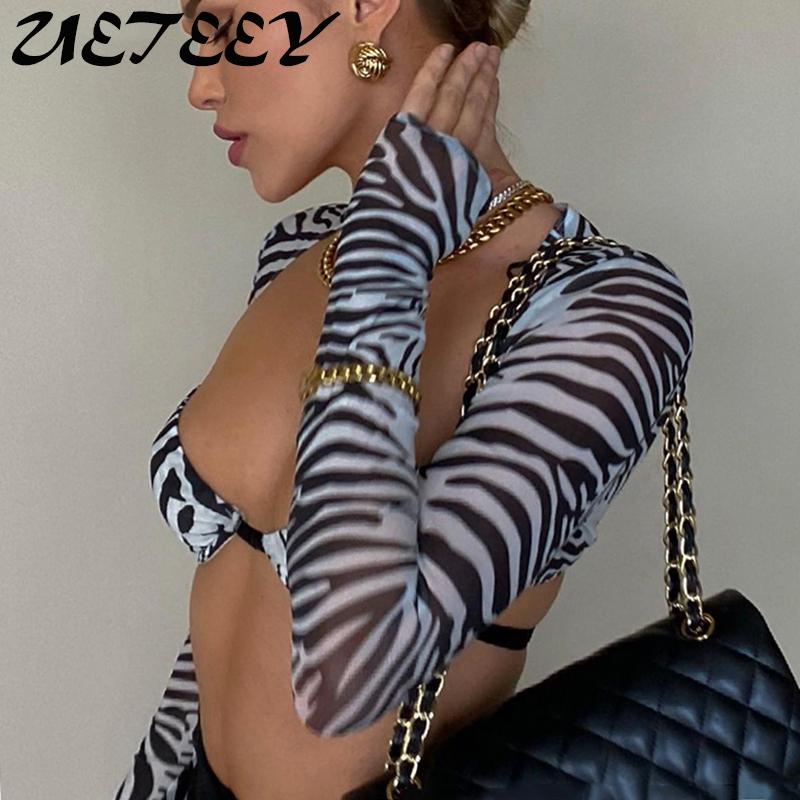 

Women' T-Shirt Women Fashion Zebra Print Mesh Crop Tops See Through Long Sleeve Cropped Club Summer Slim Sexy T-Shirts Dark Academia Street, Type a blue