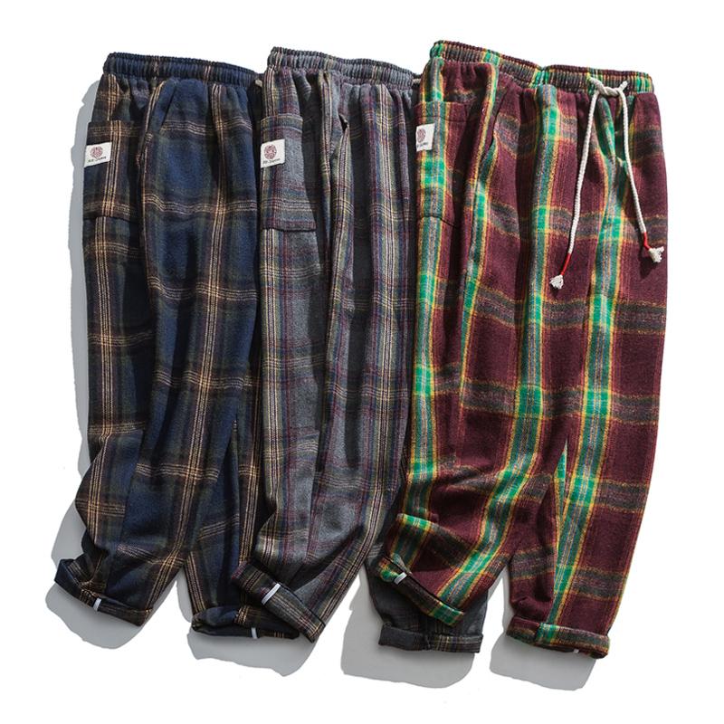 

Neploha Men's Thicken Warm Plaid Pants Harajuku Straight Pants Woman Casual Oversize Woolen Trousers Chinese Style Male, Blue