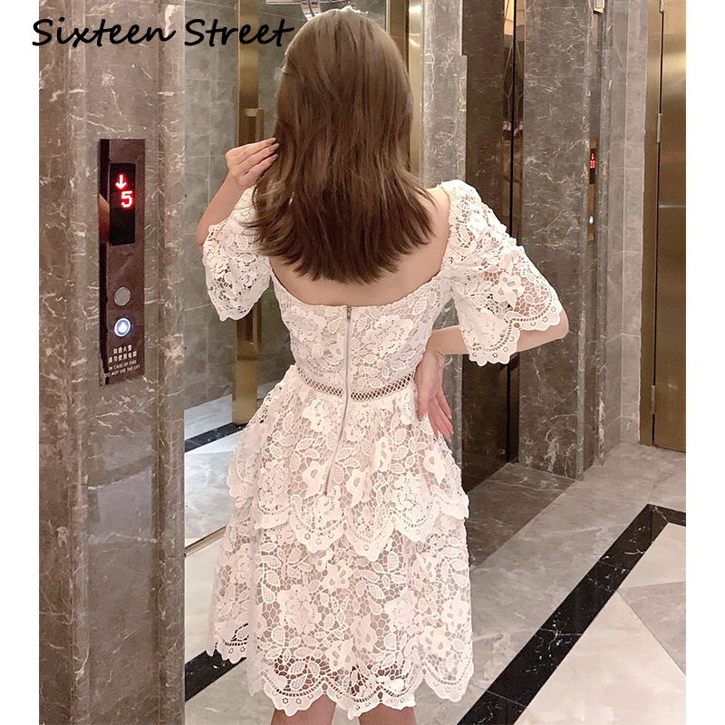 

2021 Summer in White Lace Female Puff V-neck Hollow Out Dressed Runway Design Casual Dress Party Clothes Women Dreg