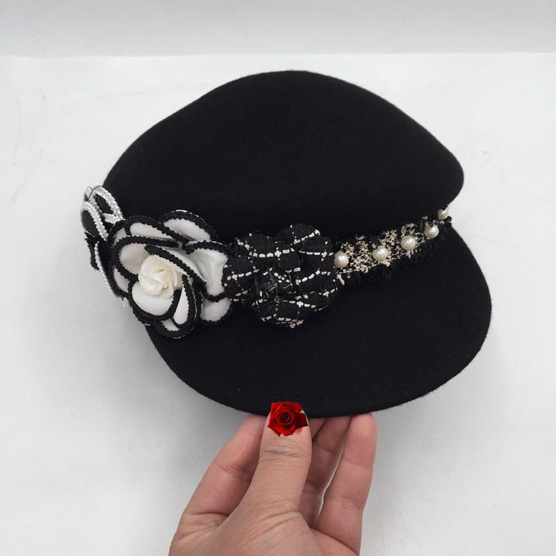 

202011-nao-xiaoxiang autumn spring wool pearl ribbon Black white camellia lady Octagonal hat women visors cap