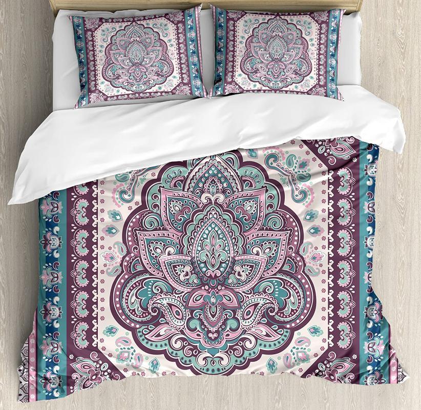 

Ethnic Duvet Cover Set Bohemian Hippie Mandala Arabic Paisley Oriental Asian Design Bedding Set Purple Pink Green1, As pic