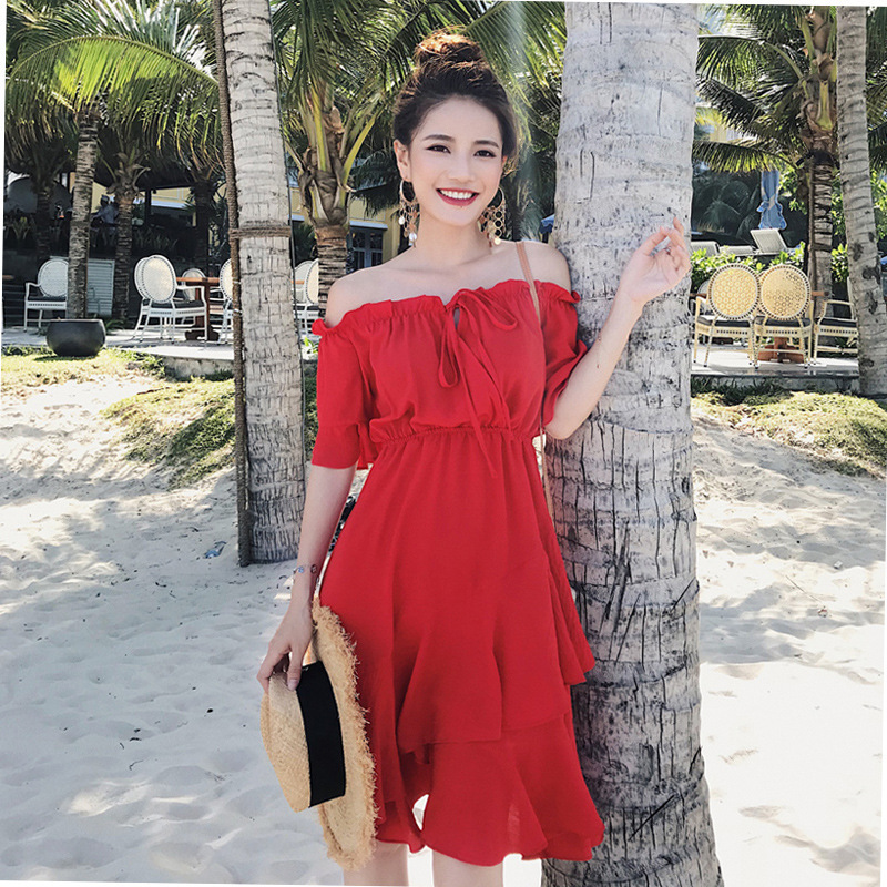 

2021 New Dressed in summer vacations a word irregular flounches elegant sexy dress bohemia Female red at height of the knee S0AT