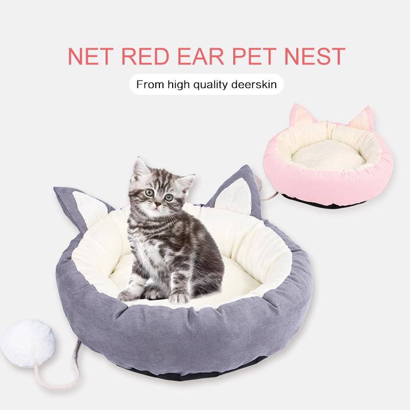 

Pet Cat Dog Round Bed Cute Cat Ears And A Plush Ball Nest Soft Warm Pet Bed Washable Cushion All Seasons Cushion