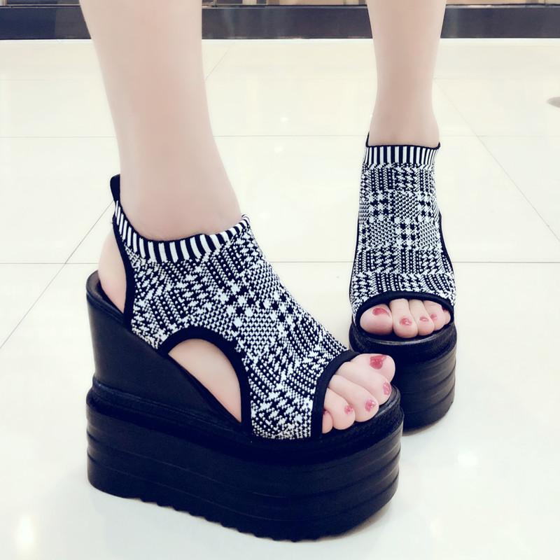 

Summer Fashion Women's Sandals 13 CM Heels Wedge Platform Shoes Bling Leather High Heels Sandals For Women Gladiator Sneakers, Black