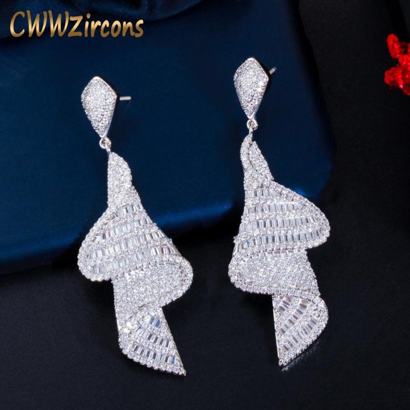 

CWWZircons Luxury Cubic Zirconia Pave Baguette Stones Engagement Party Big Drop Unique Earrings for Women Wedding Jewelry CZ792, Silver