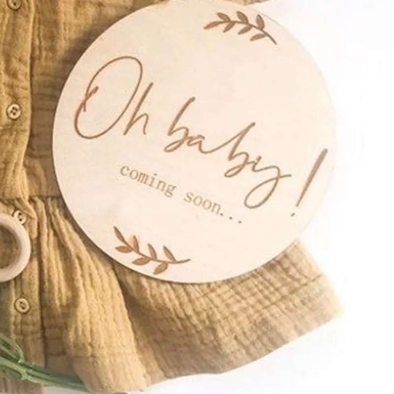 2pcs/lot oh baby coming soon miletone card wood pregnancy announcement baby favor party gift 10*10cm round shape photo card-image-615645412