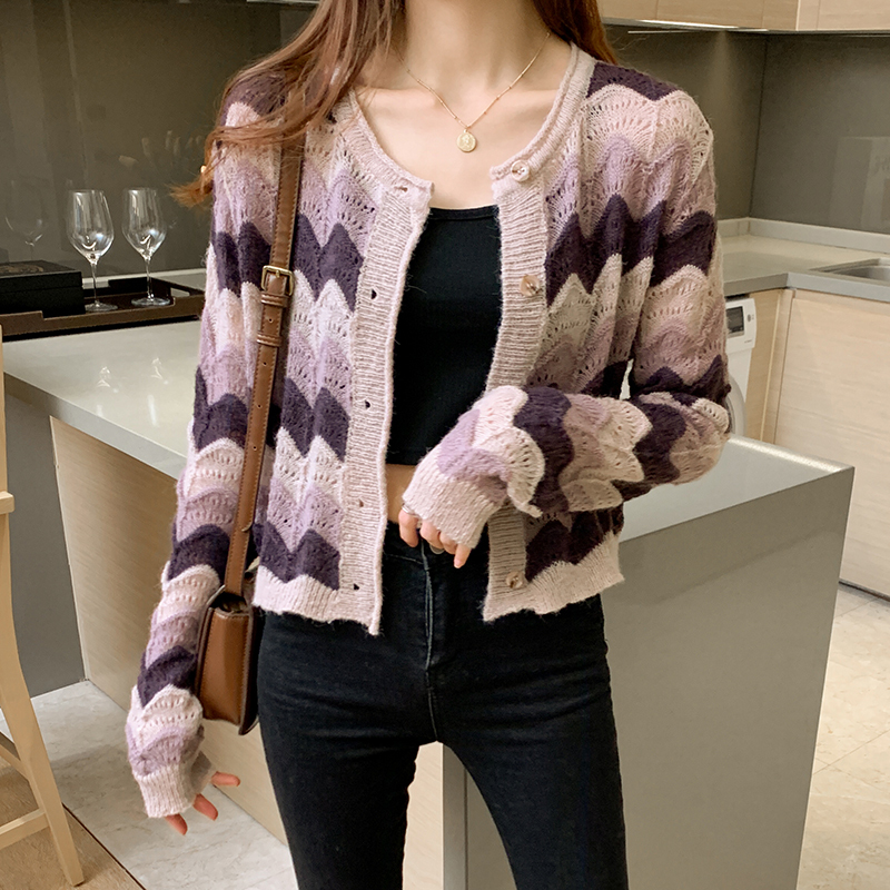 

Purple stripe cardigan New spring 2020 Long sleeve Women's clothing sweater tops 831j, Blue