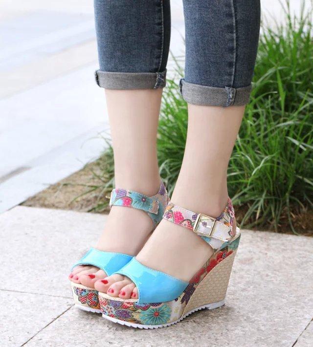 

6COLOR Women Sandals Summer Platform Wedges Casual Shoes Woman Floral Super High Heels Open Toe Slippers Sandalias Zapatos Mujer1, Blue