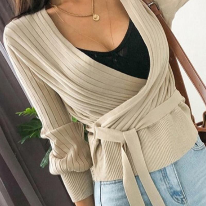 

Women Knot Criss-cross V Neck Long Sleeve Loose Knitted Sweater Pullover Autumn Warm Soft Sweater, White;black