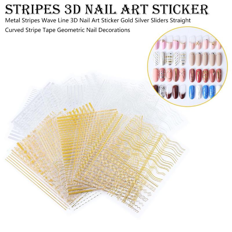 

1pcs Gold Silver Sliders 3D Nail Stickers Straight Curved Liners Stripe Tape Wraps Geometric Nail Art Decorations, 17