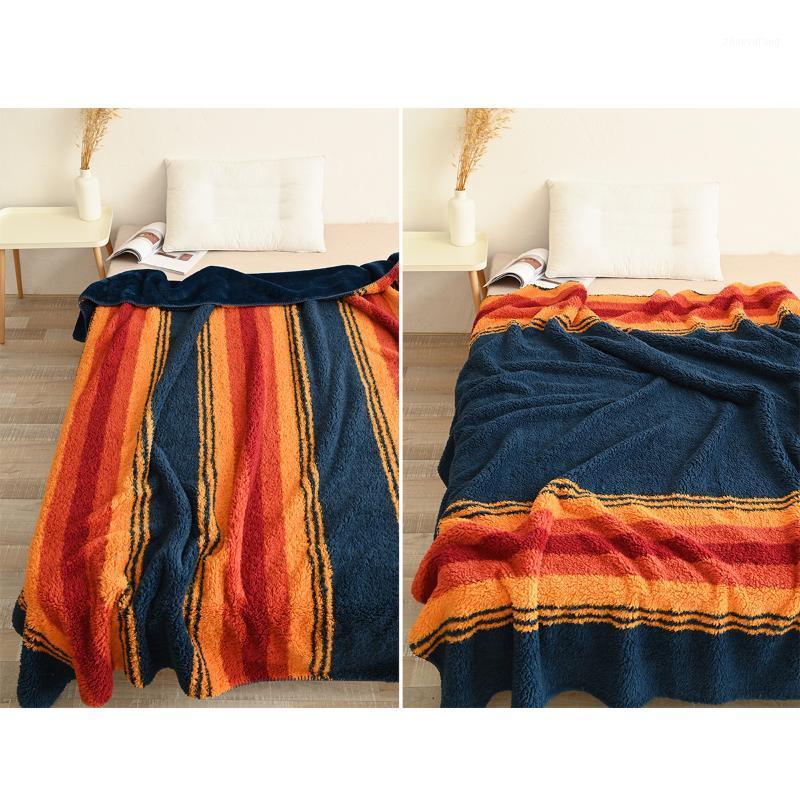 

Blankets Thickened Flannel Color Matching Striped Blanket Single Double Bed Cover