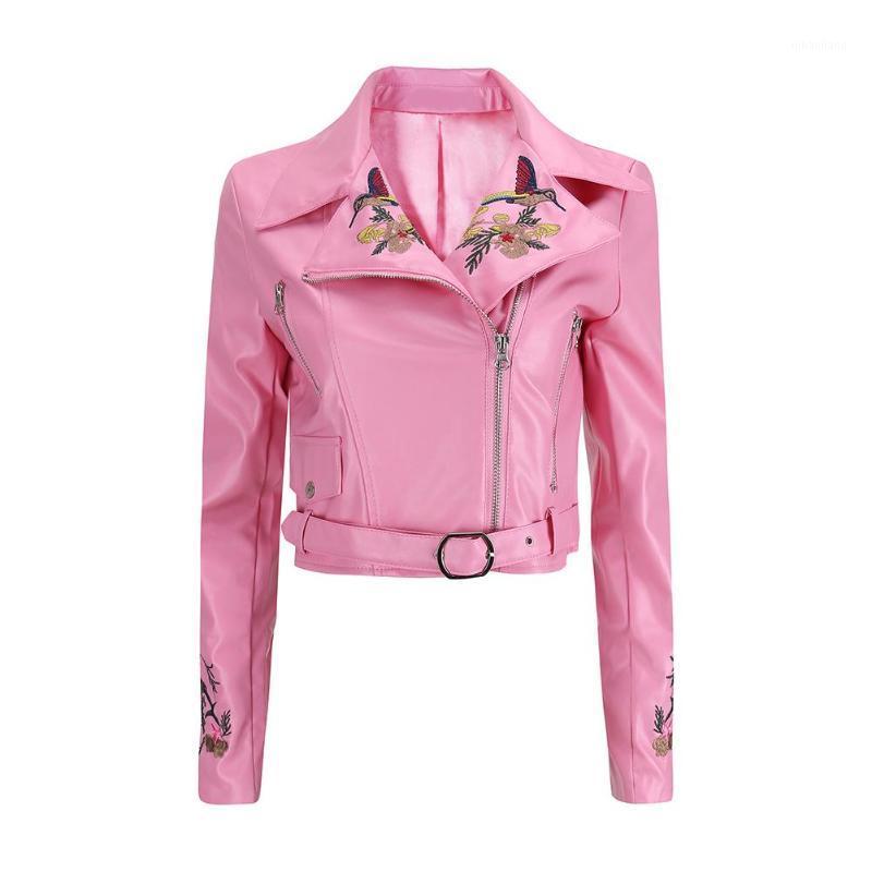 

Women Long Sleeve PU Leather Embroidery Floral Zipper Jacket Crop Tops Coat Turn Down Collar Street Outerwear1, Brown