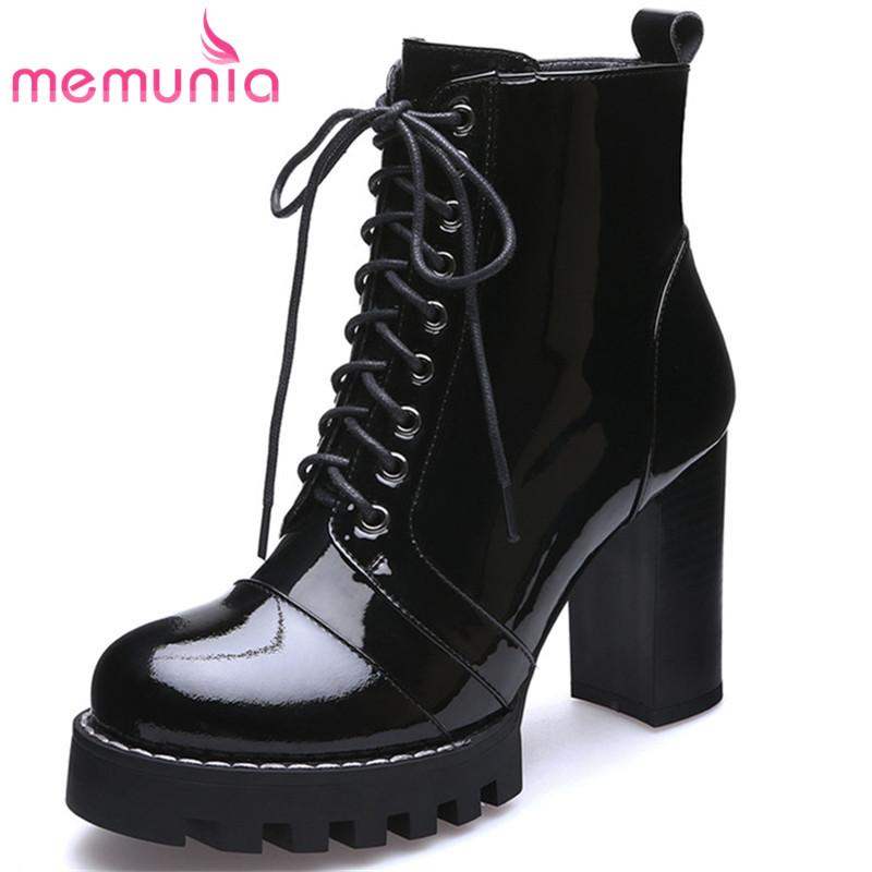 

MEMUNIA 2020 New genuine leather boots women lace up autumn winter ankle boots for women platform ladies shoes, Black