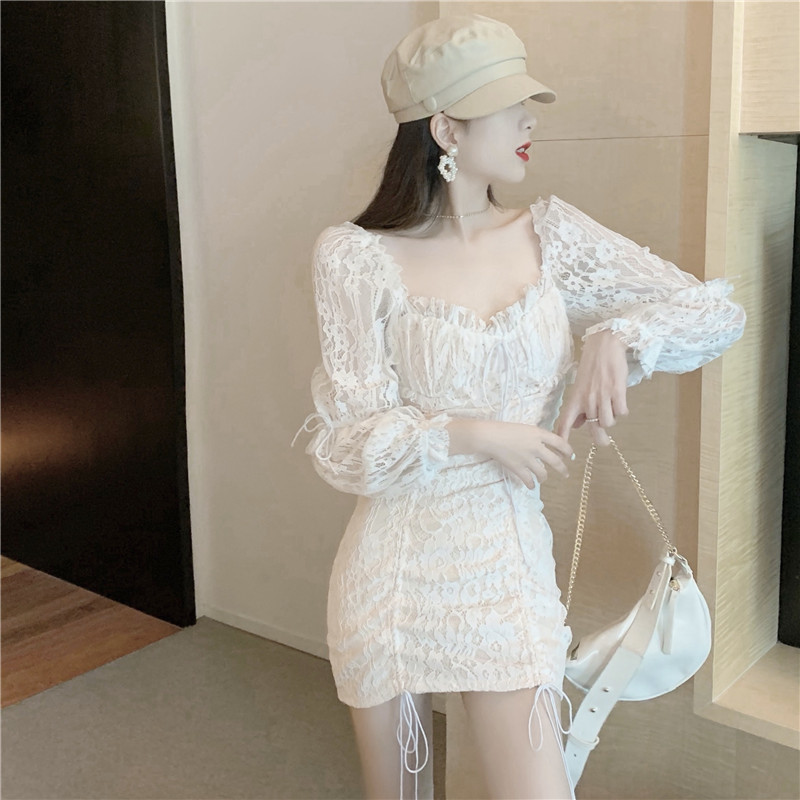 

2021 New Will See Sexy Lace Off the Shoulder Slash Neck Drawstring Mini Women Fashion Thin Club Dressed in Party Dress CMOO, White