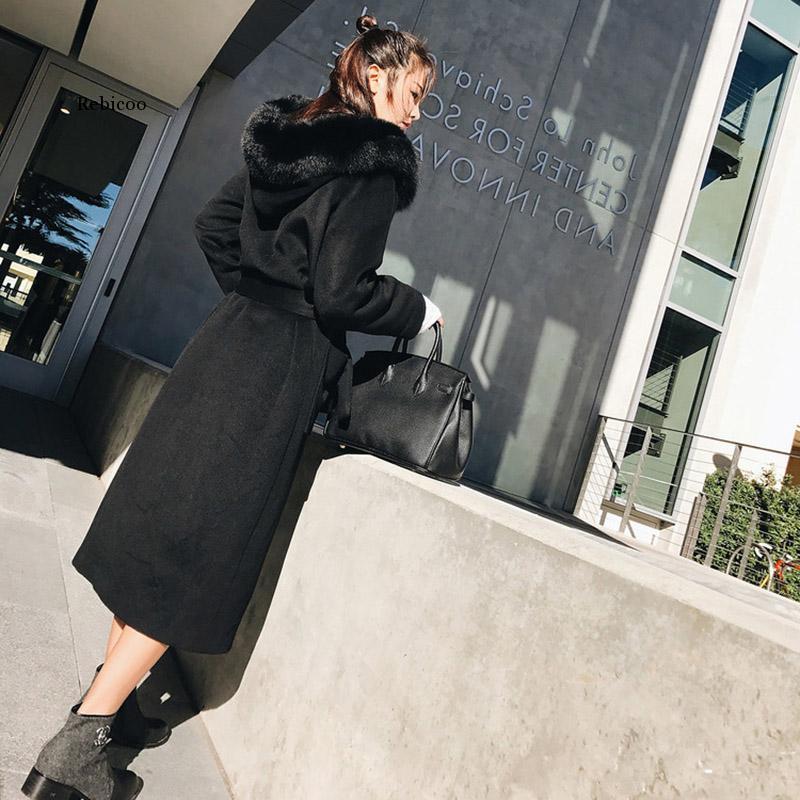 

Womens Autumn Winter Outerwear Wool Blend Thicken Warm Long Coat Lady Slim Woolen Overcoat Cashmere Jackets With Fur Collar, Black