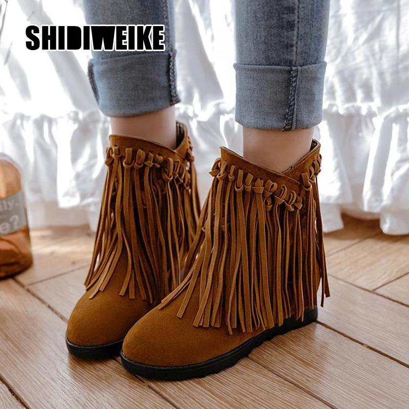 

Fringed Short Boot Women Style Short Tube Frosted Tassel Boots National Wind Ankle Boots Solid Winter Women's Booties v549, Gray