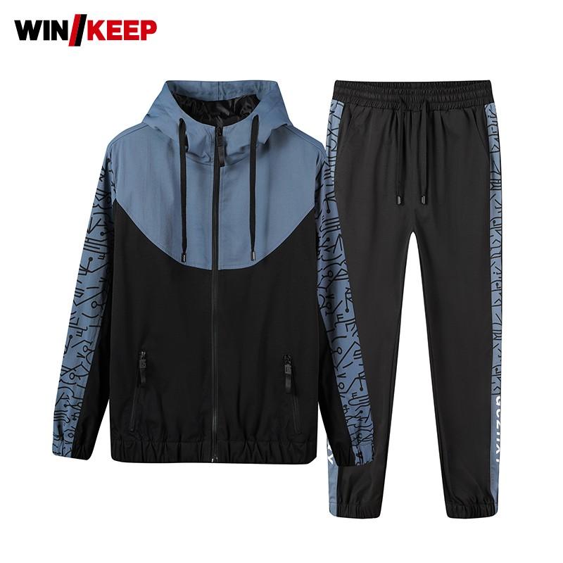 

Plus Velvet Suit Men New Casual Mixed Color Hooded Cardigan Jacket Fashion Thickening Warm Trousers Two-Piece Suit Autumn Winter, Blue